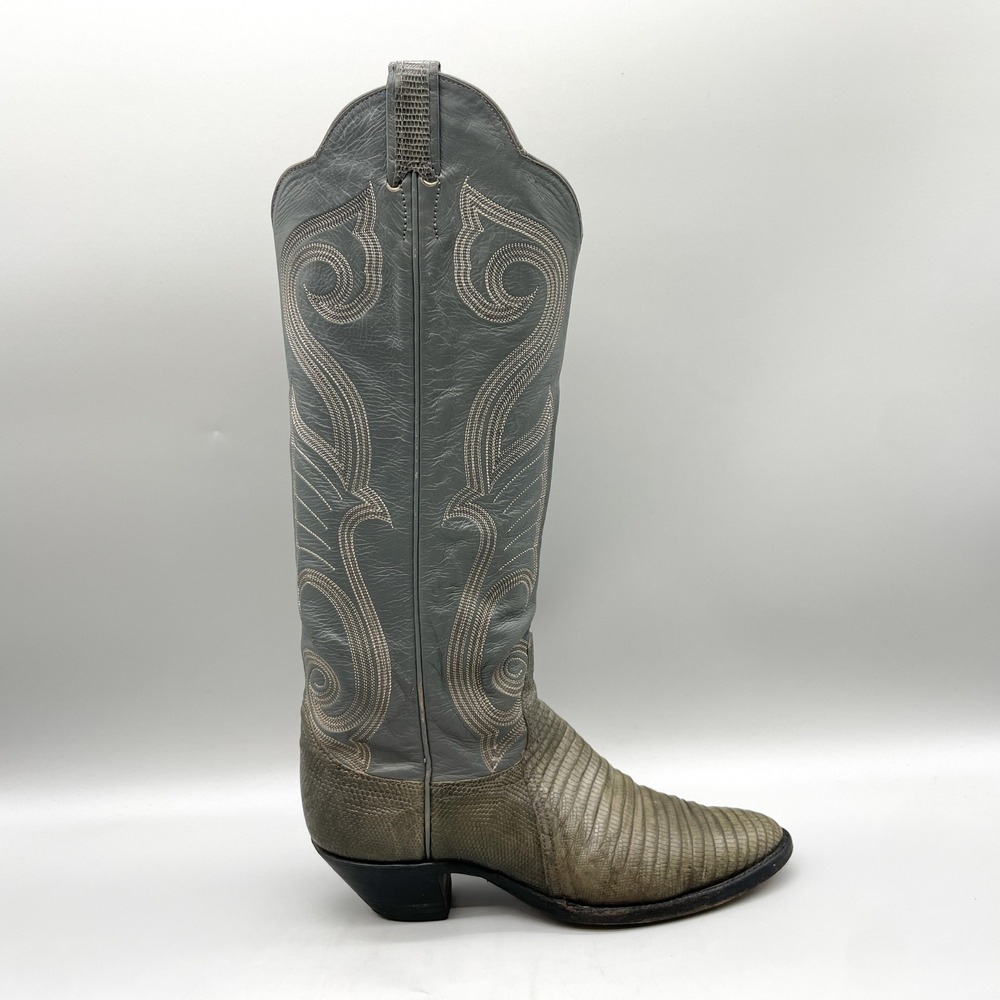 Larry Mahan Womens 7 Grey Lizard Skin Tall Cowboy Boots Western Coastal Cowgirl